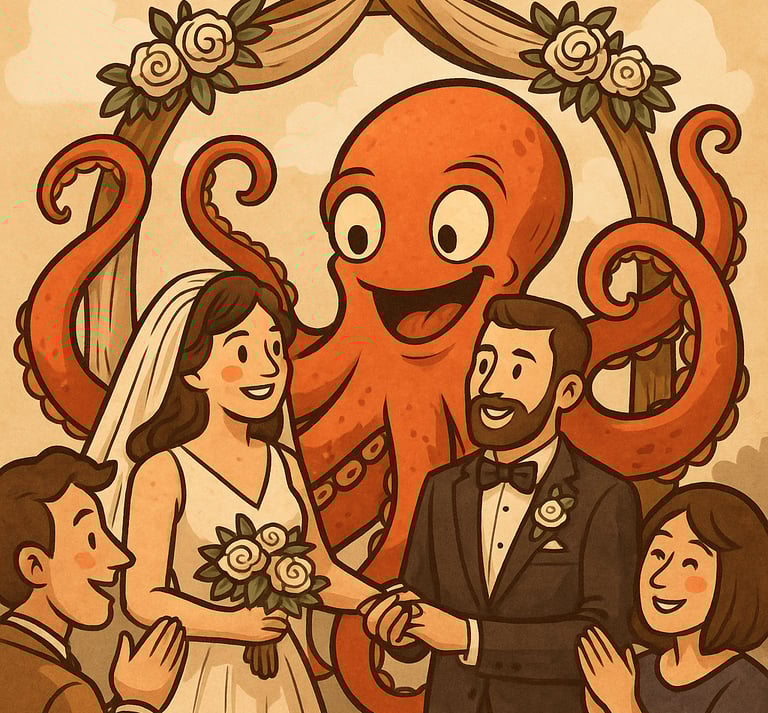 a cartoon style wedding ceremony with a octopus - like creature
