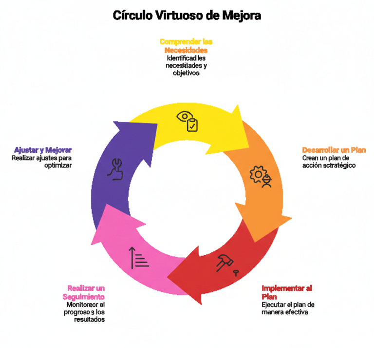 A circular business process diagram in Spanish showing five stages of continuous improvement.