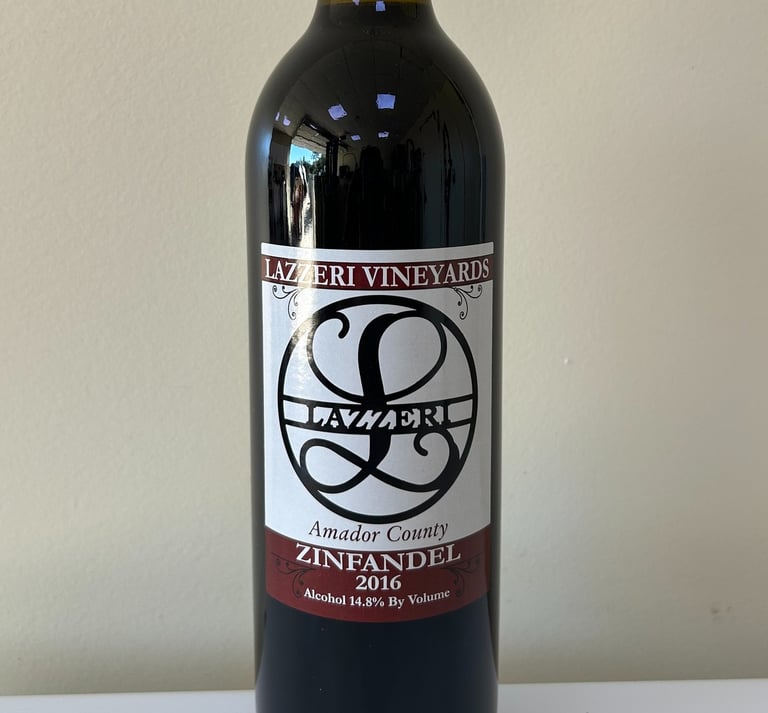 A close up picture of a wine bottle labeled Zinfandel
