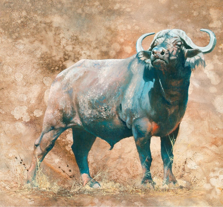 Oil painting of a single Cape Buffalo, Duggaboy on an abstract background