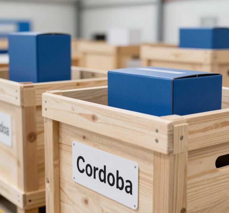 Close-up of labeled wooden cargo crates and electronics boxes inside a bright modern warehouse in Cordoba, natural daylight, sharp focus
