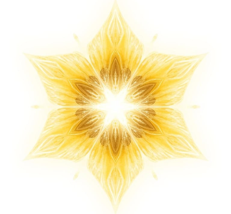Symmetrical yellow glowing floral mandala with intricate star patterns on a white background.