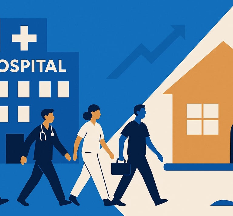 Healthcare workers walking from a hospital toward a house, with an upward arrow indicating growth in