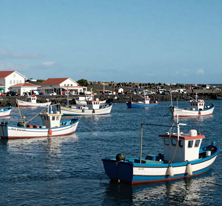 A wide shot of a bustling harbor in the Azores with colorful fishing boats and blue water, conveying a sense of community and connectivity, European Atlantic / Insular, bright daylight.