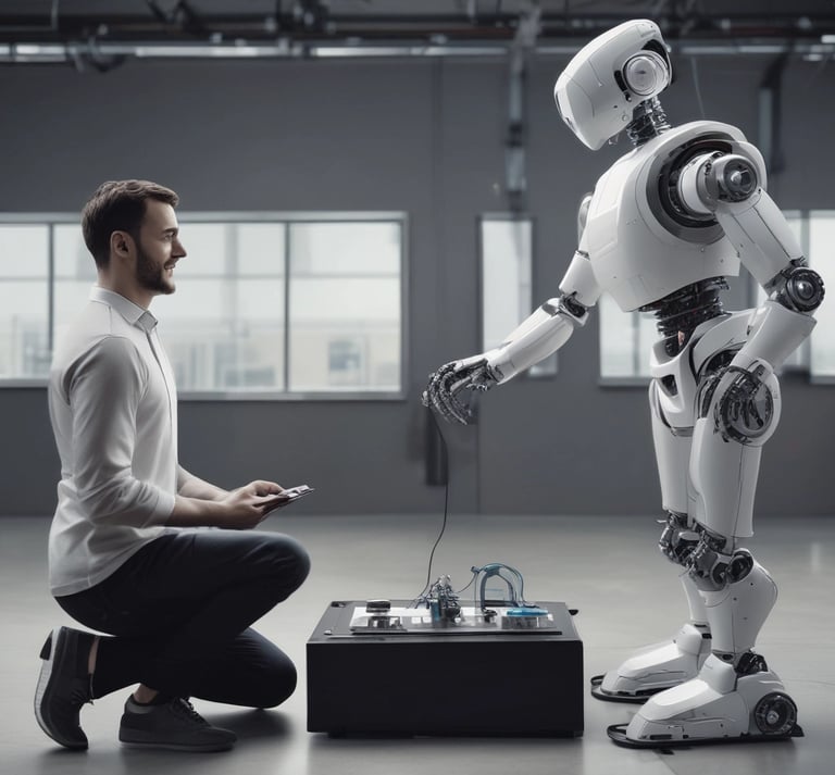 Two people are interacting with a laptop on a white standing desk. The laptop screen displays a webpage related to social wall solutions for hashtag campaigns. The setting appears to be a modern office with several chairs, tables, and a large plant in the background. One person is wearing a colorful floral top and the other is in a dark t-shirt.