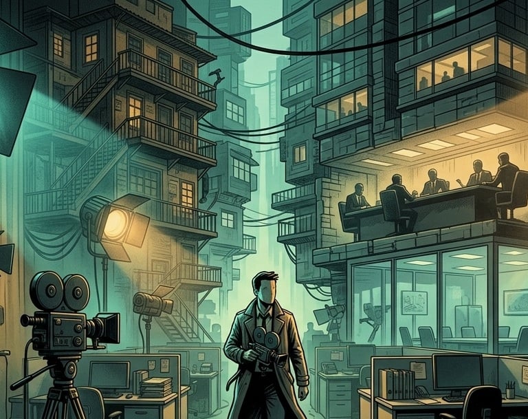 Vintage film set illustration with studio lights, cameras, and a man in a trench coat.