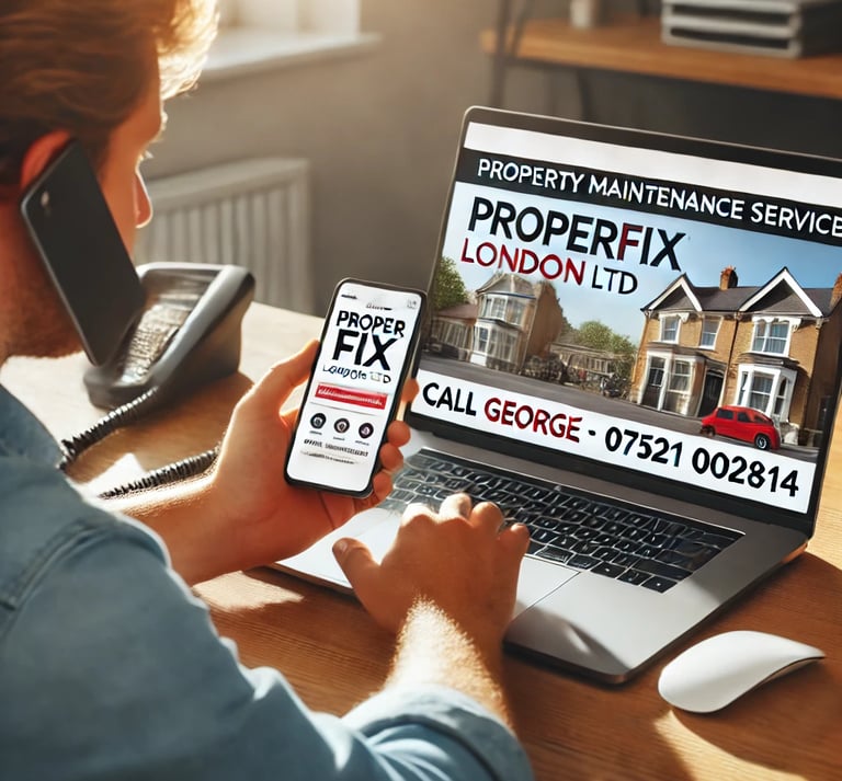 A London homeowner calling a property maintenance service, looking at a laptop displaying 'ProperFix