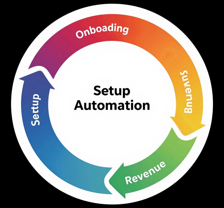 A circular business process diagram showing the cycle between steps, revenue, and automation