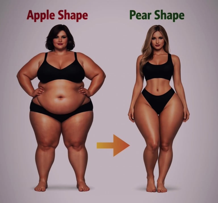 Comparison of apple vs pear body shapes showing fat distribution on female figures.