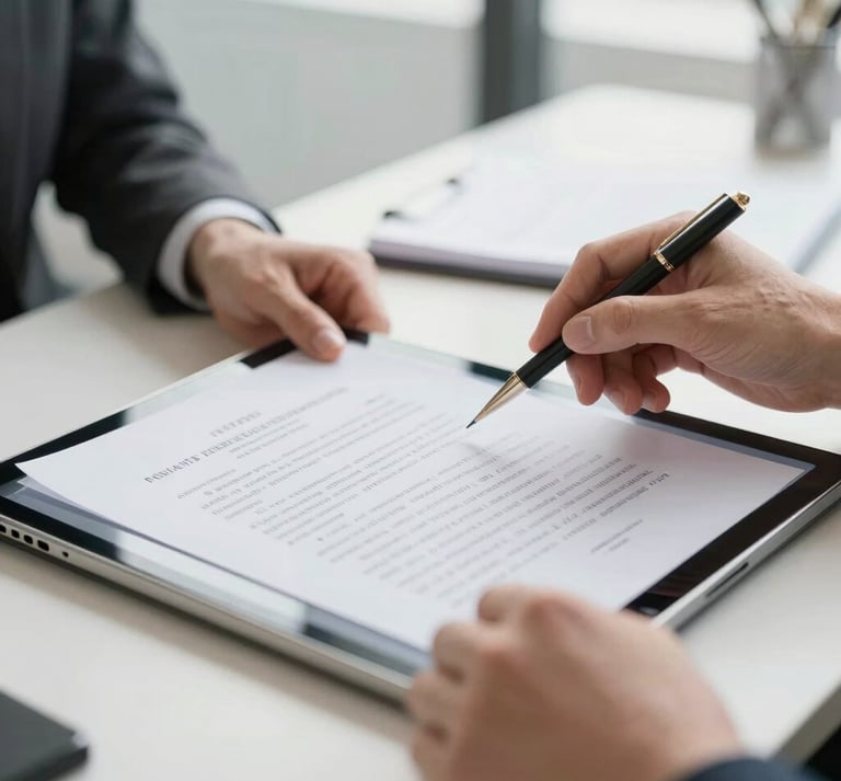 Close-up of professional hands analyzing legal case files on a tablet screen, bright natural daylight, clean modern workspace with soft focus background.