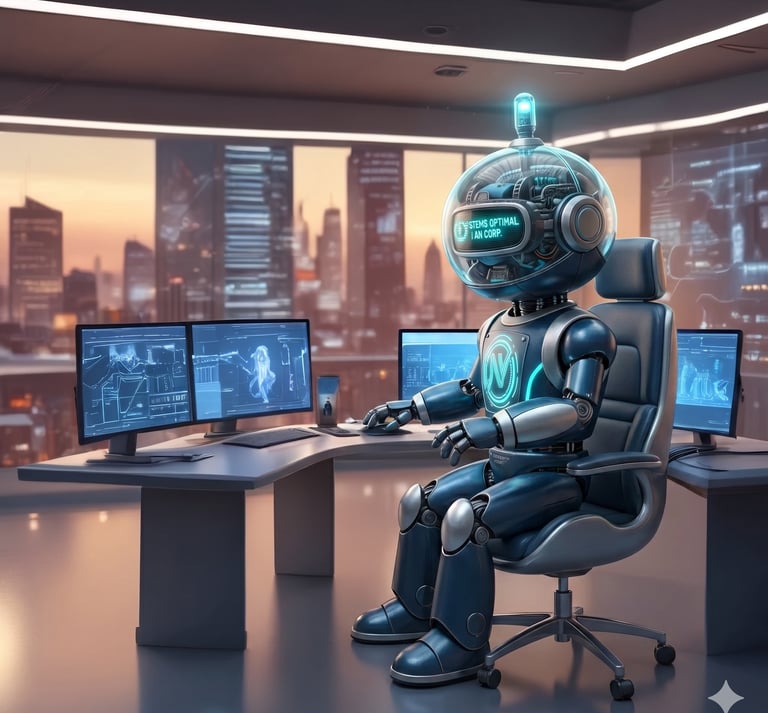 AI robot working at a futuristic computer workstation in a high-rise office with city views.