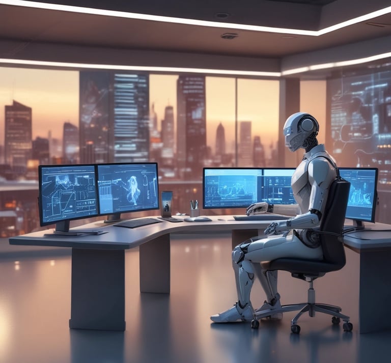 AI robot working at a futuristic office desk with multiple monitors overlooking a city skyline at sunset.