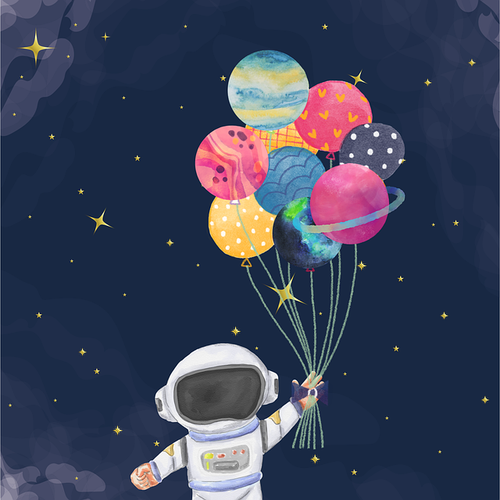 Ilustración en acuarela de un simpático astronauta sosteniendo globos con forma de planeta