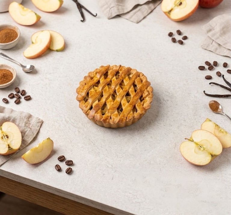 Freshly baked lattice crust apple pie surrounded by sliced apples, coffee beans, and cinnamon.