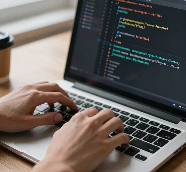 Close environmental frame, tight on hands over a laptop keyboard showing a Python data pipeline script, natural window light from the left, desk surface visible with a coffee cup edge — no face, no pose, pure work in progress