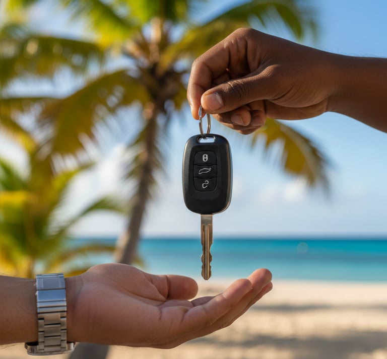 Car rental key handover by a LocXperience agent on a beach in Martinique