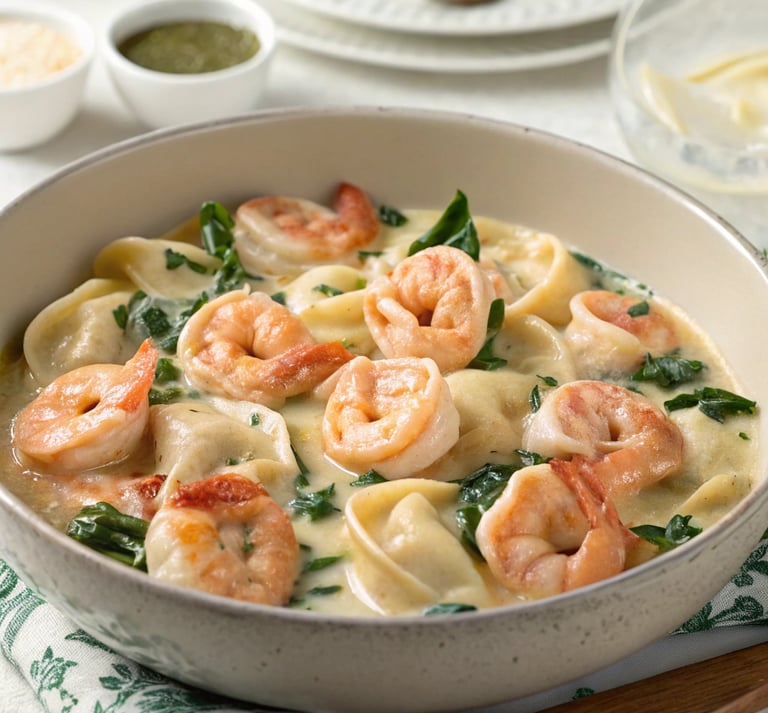 a bowl of pasta with shrimp, tortellini, and spinach