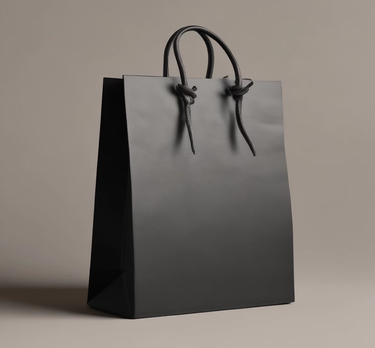 a black paper bag sitting on top of a table