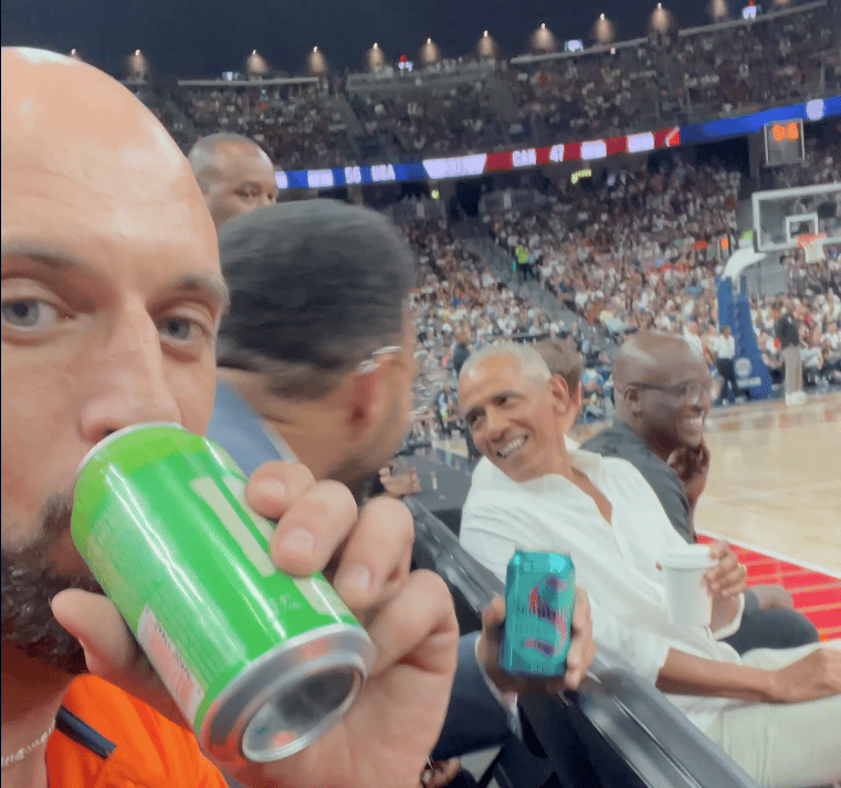 Ray Jarosz courtside with Barack Obama at the Team USA basketball showcase game in Las Vegas, Nevada