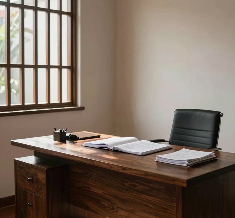 Wide interior shot of a minimal Bali law office, warm north-facing daylight falling across a dark wood desk with open legal documents, terracotta floor tiles visible, framed by a louvred window, no people