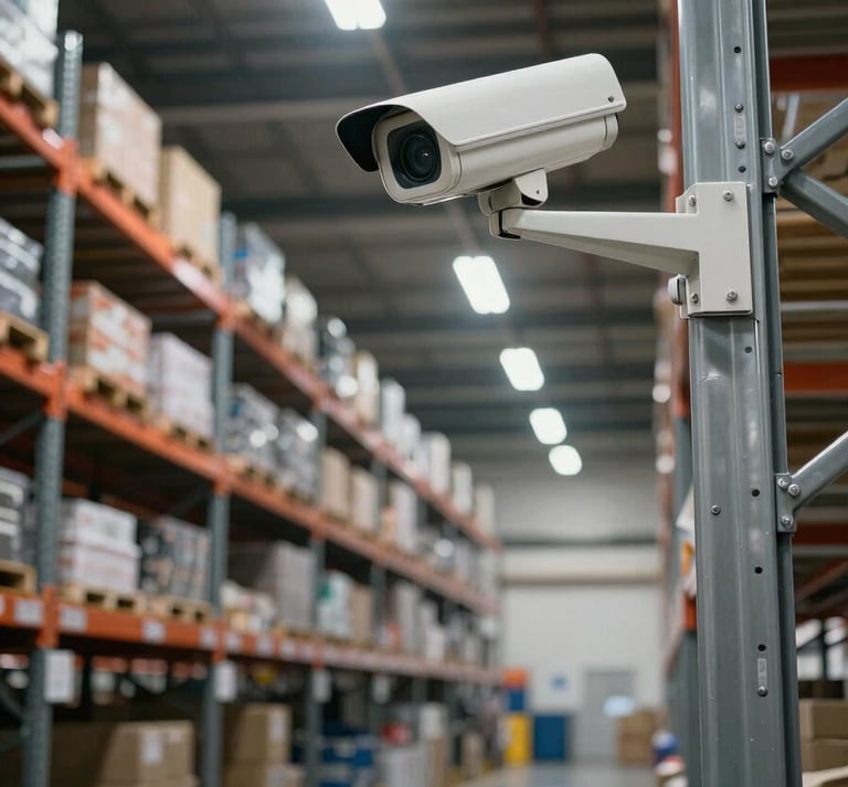 Wide environmental shot inside a large warehouse, a HD security camera mounted high on a steel column in the right foreground, rows of industrial racking receding into depth, cool overhead fluorescent lighting, no people