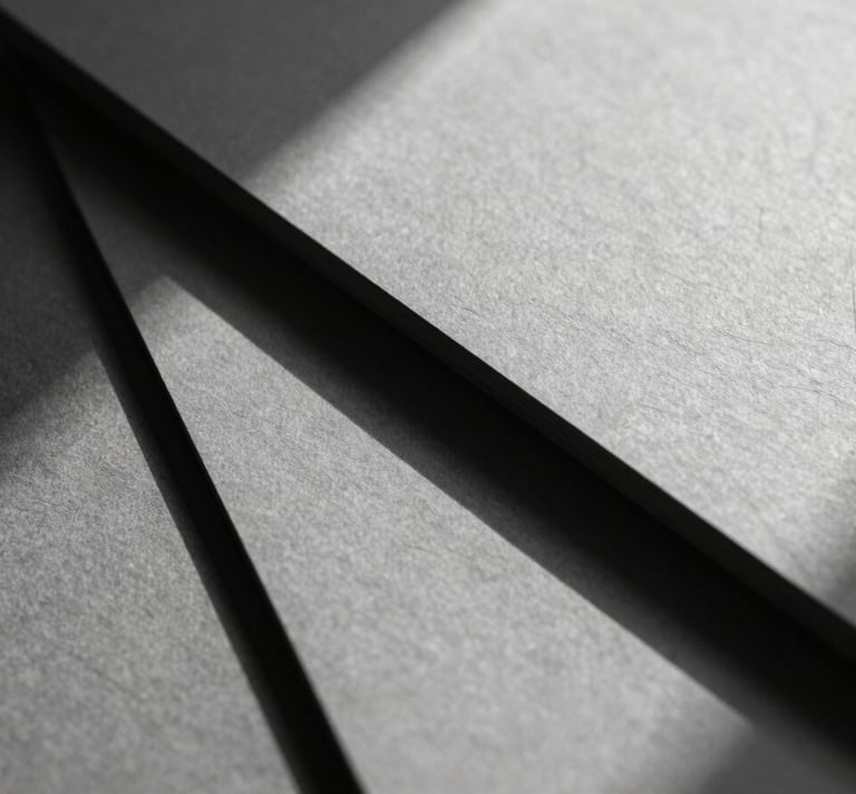 Extreme close-up of premium textured matte paper layers casting sharp architectural shadows, high-contrast grayscale studio lighting