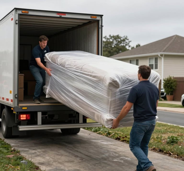 Wide side-angle view of a moving crew carrying a heavy wrapped sofa down a residential driveway ramp toward an open truck bay, natural overcast daylight, strong horizontal composition showing the full operation in progress