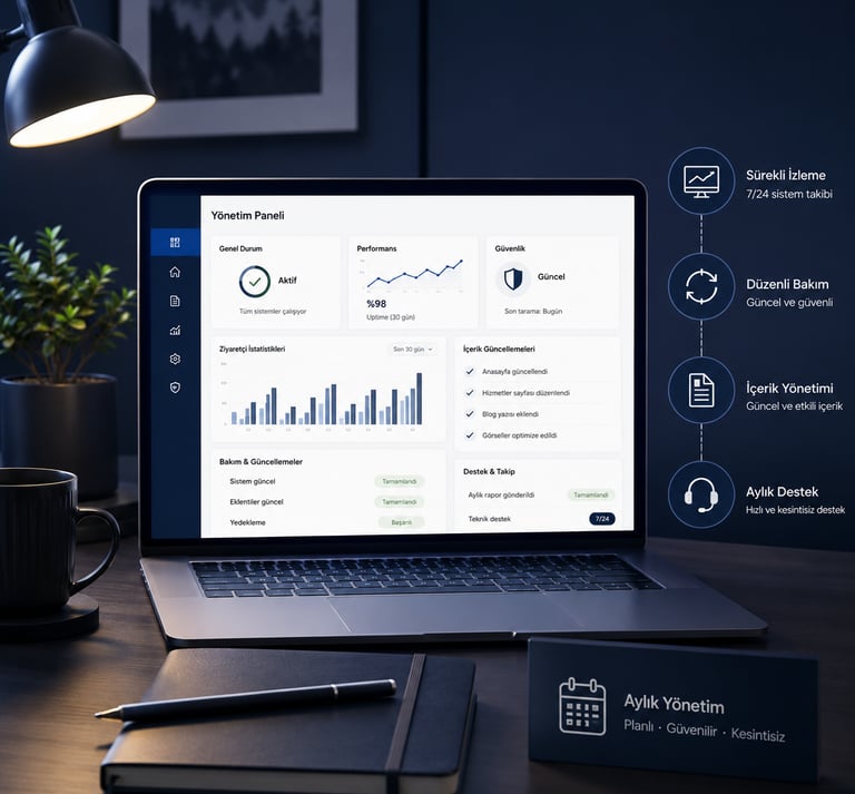Laptop displaying a business management dashboard with performance metrics and website maintenance statistics.