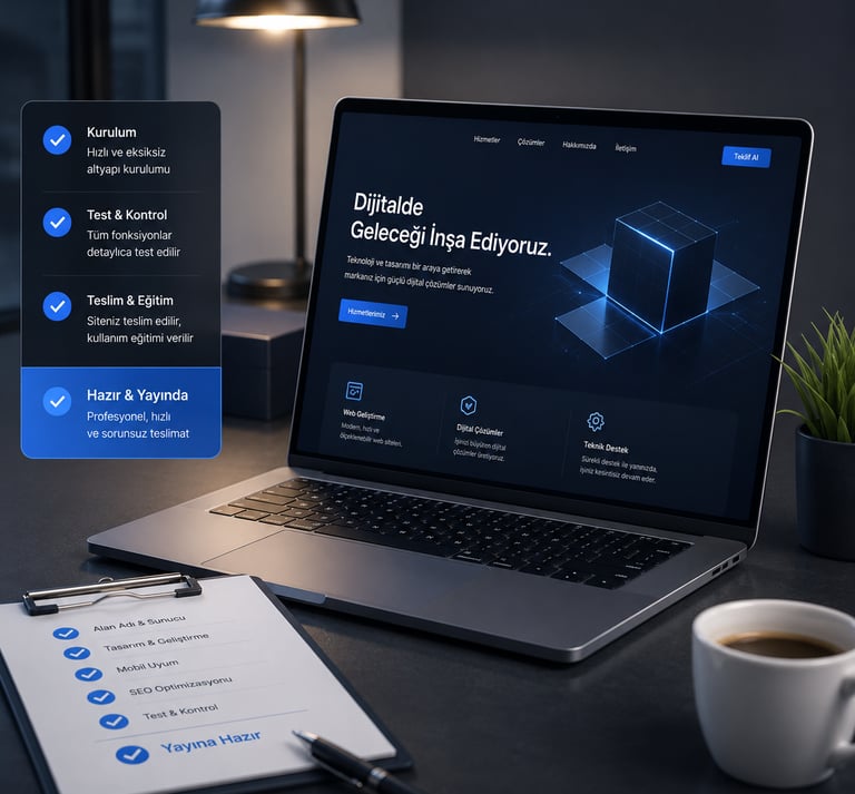 Laptop displaying a digital agency website layout next to a business project checklist and coffee.