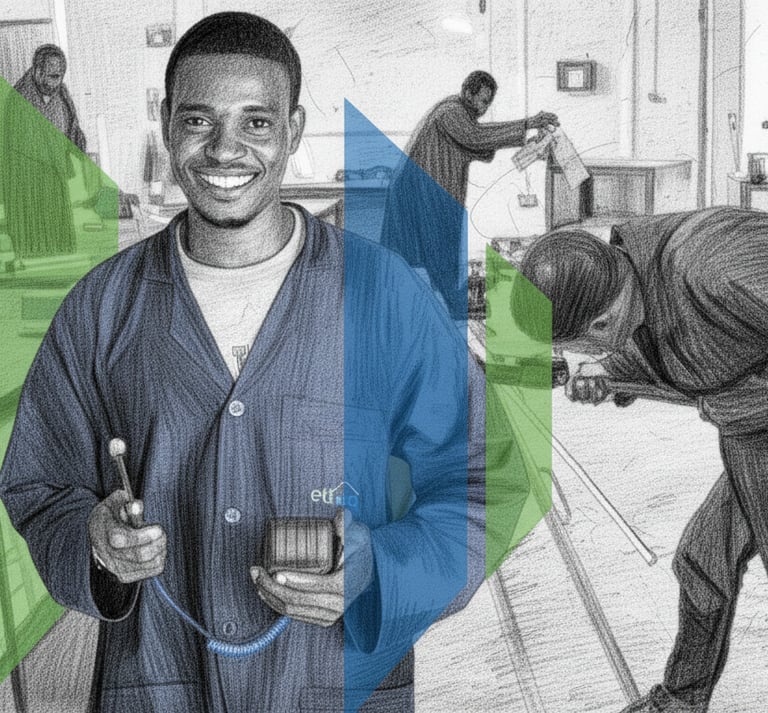 Smiling student in workshop training for vocational skills and technical education careers.