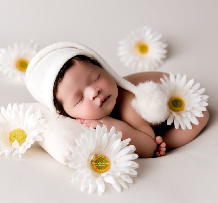 Recién nacido dormido con girasoles