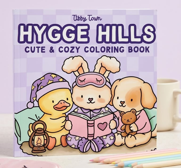 Hygge Hills cute and cozy coloring book featuring a duck, bunny, and puppy in pajamas reading a story.