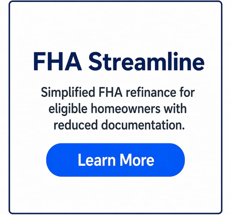 FHA Streamline refinance graphic for eligible homeowners with reduced documentation and a Learn More button.