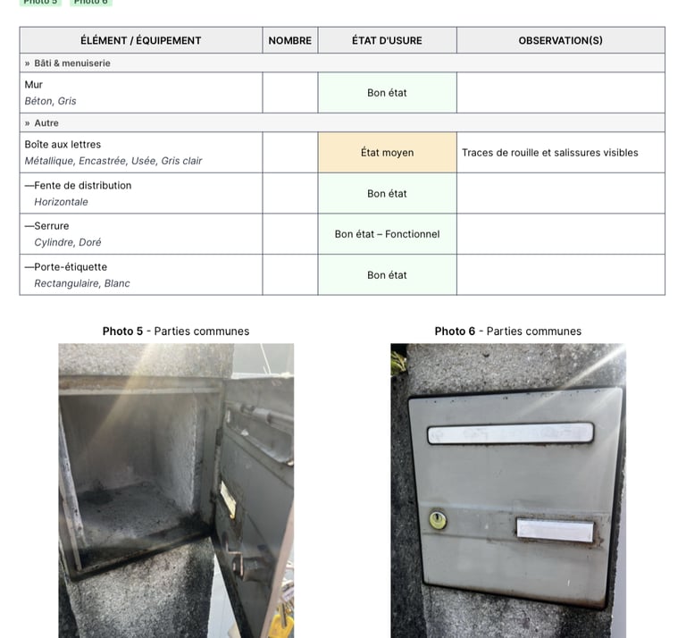 Property inspection report showing photos and status of a grey metal mailbox in common areas.