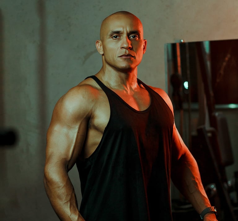 Fisiculturista musculoso e careca, vestindo uma regata preta, posando em uma academia de ginástica c