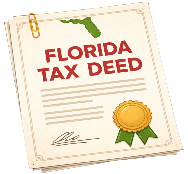 Official Florida tax deed document issued after the highest bidder won the tax deed auction.