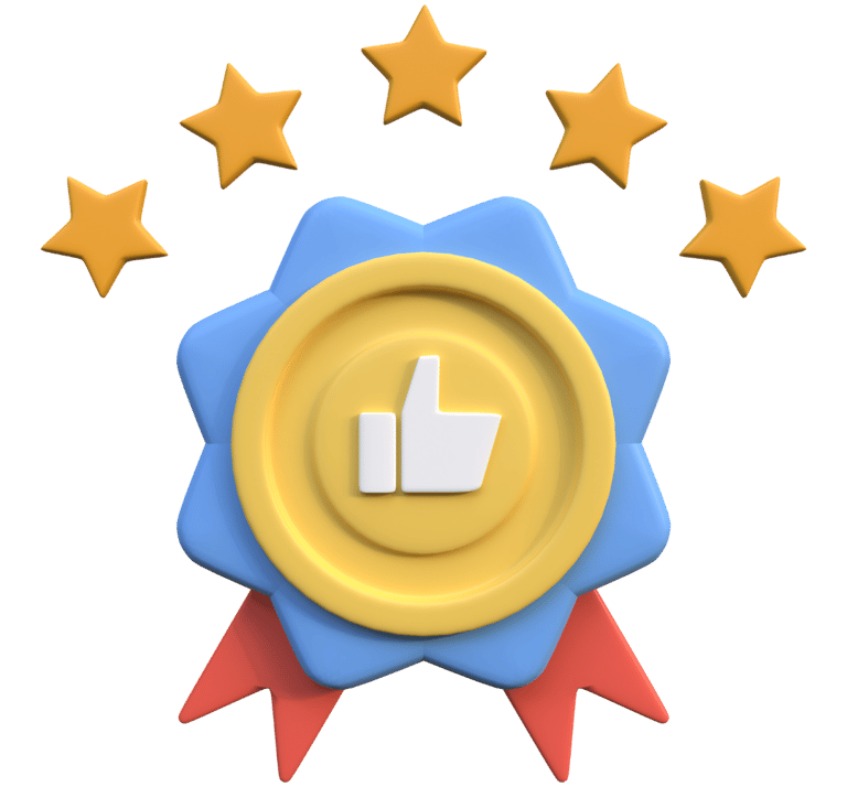 Ícone de polegar para cima com medalha e cinco estrelas, simbolizando excelência e alta qualidade.