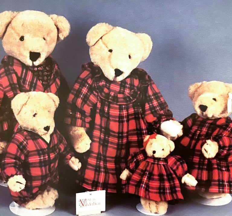 Muffy VanderBear Family teddy bears dressed in red & black buffalo plaid flannel nightwear