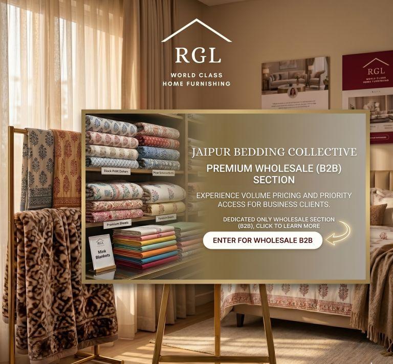 RGL Textile Corporation premium wholesale B2B section banner featuring Jaipur bedsheets, dohars, qui