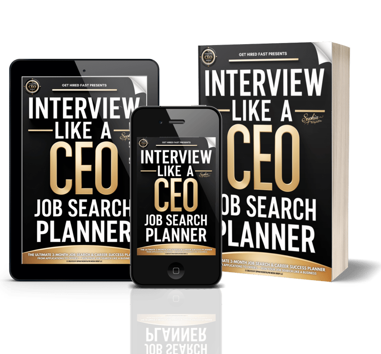 Interview Like a CEO 3-Month Job Search Planner shown as a printable and digital planner set 
