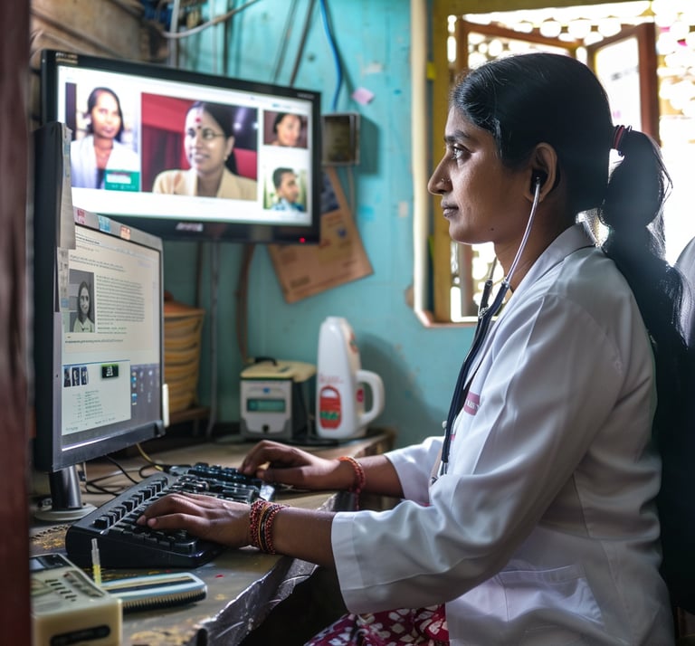 a woman in a white lab coat sitting at a computer for telemedicine