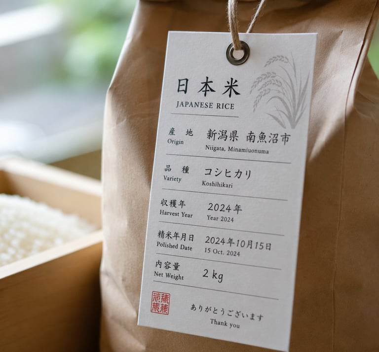 Bag of premium Japanese Koshihikari rice from Niigata with a detailed product information tag.