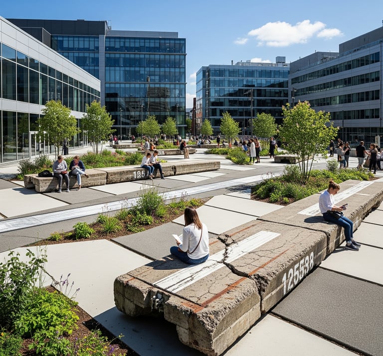 Eco-Reuse of Existing Runway Material: Repurposing segments of the old runway into seating, paving, 