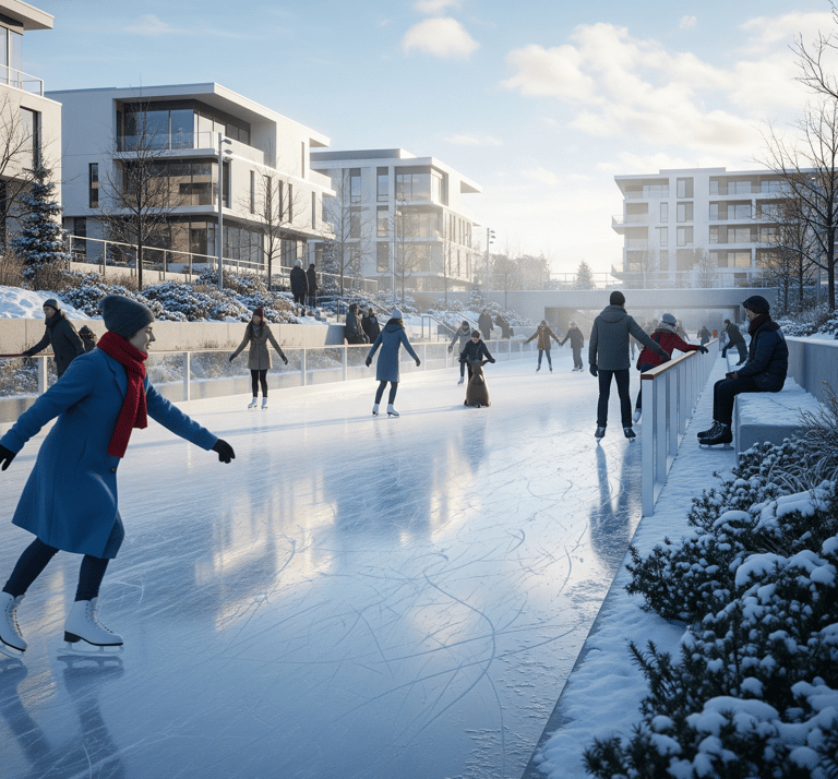  A seasonal feature that can be a water lane in the summer and an ice rink in the winter.