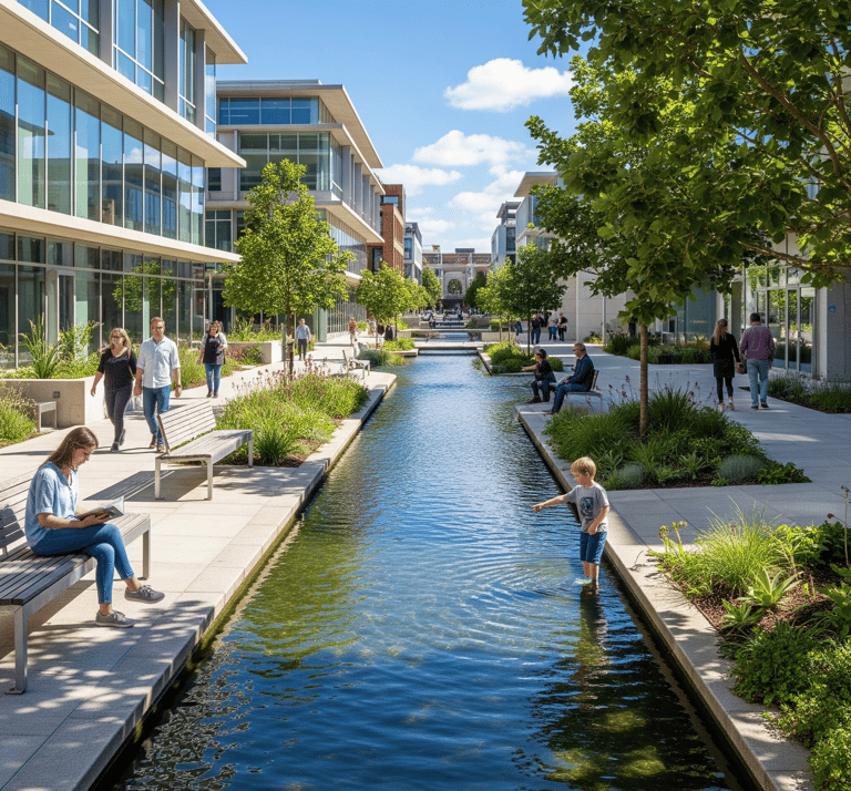 A network of bioswales, permeable surfaces, and stormwater retention basins for water management