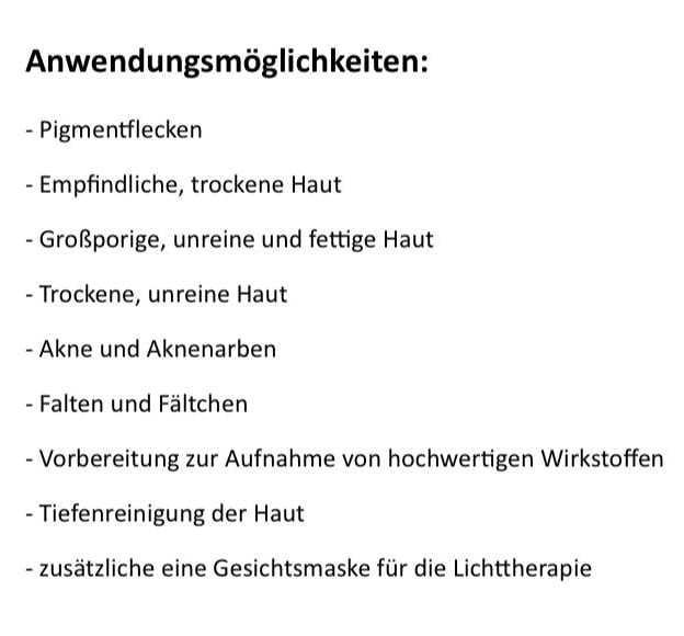 Liste mit Anwendungsmöglichkeiten der Hydrodermabrasion, darunter Pigmentflecken, Akne, große Poren 