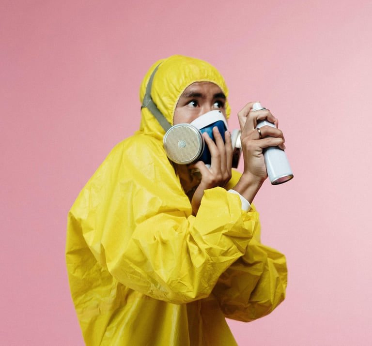 Man looking very afraid in his PPE