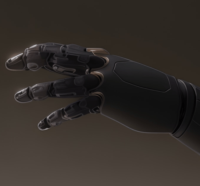 Two futuristic prosthetic arms reaching out in a dramatic pose.