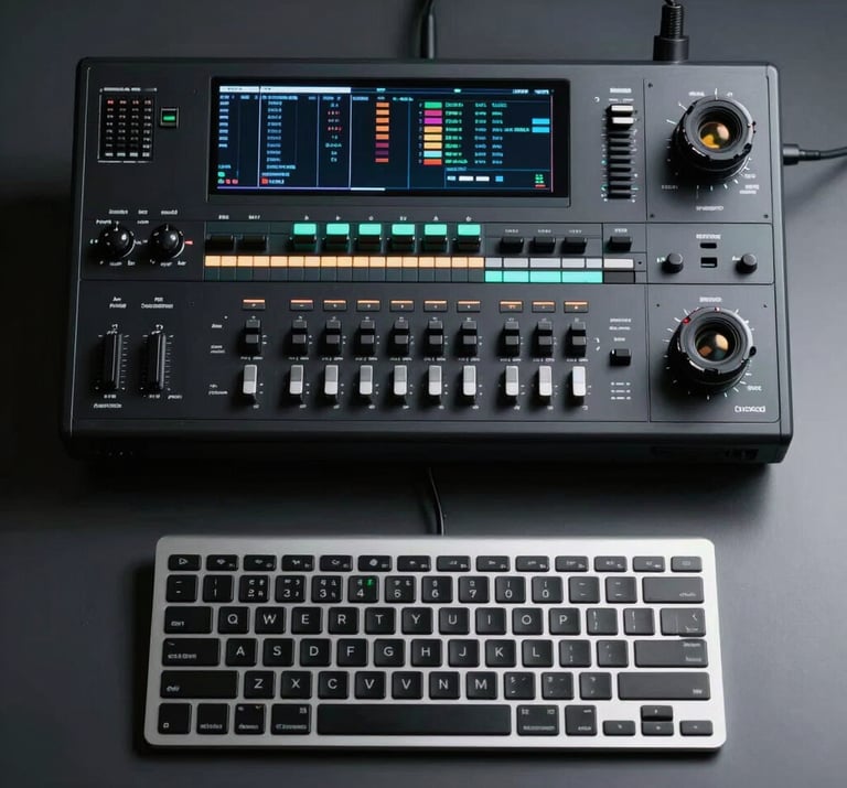 Top-down shot of professional video editing hardware and a sleek keyboard on a dark desk with soft mist white highlights.