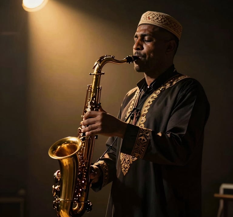 The silhouette of a North African / Moroccan man playing a saxophone against a dark, moody background with a single gold spotlight casting a warm glow.
